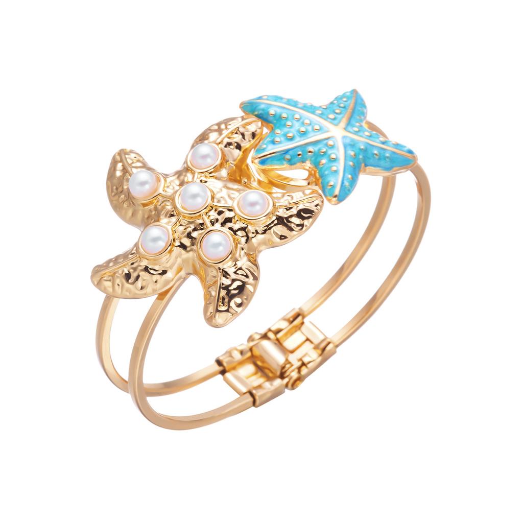 Dopamine Starfish Imitation Pearl Bracelet for Women Boho Gold Pated Enamel Bangle Summer Beach Dainty Wrist Jewelry Gift