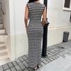 Women Crochet Knit Striped Maxi Dress Sleeveless Bodycon Long Dress Casual Chic Everyday Summer Dress