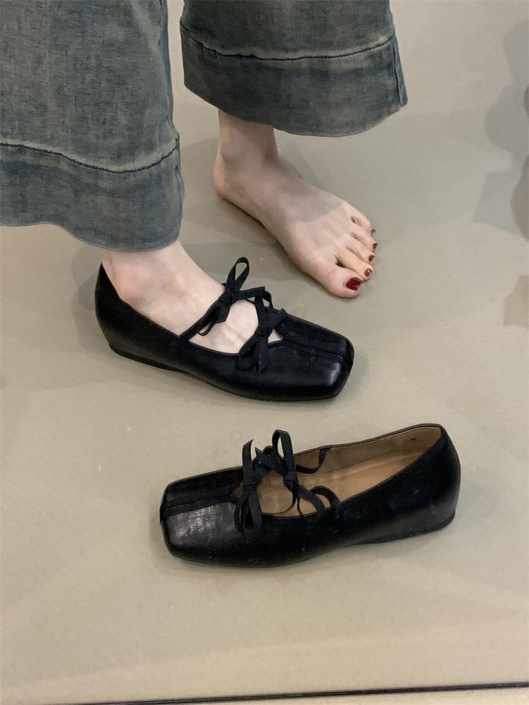 Retro Mary Jane Shoes Women's 2025 New French Temperament Double Bow Square Head Shallow Mouth Inner Height Increase Evening Shoes