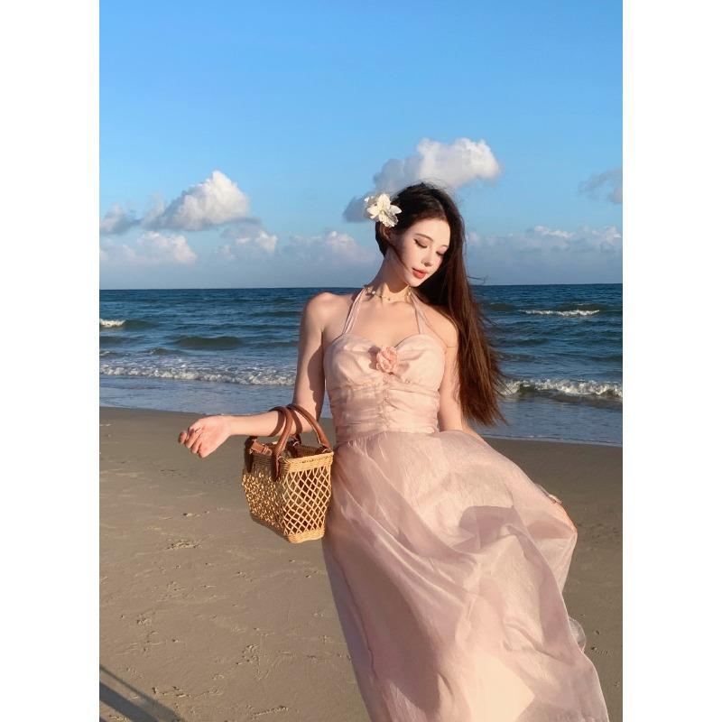 Pink Sexy Suspender Neck Halter Princess Fairy Vacation Dress Summer Seaside Photo Fairy Long Skirt S розовый