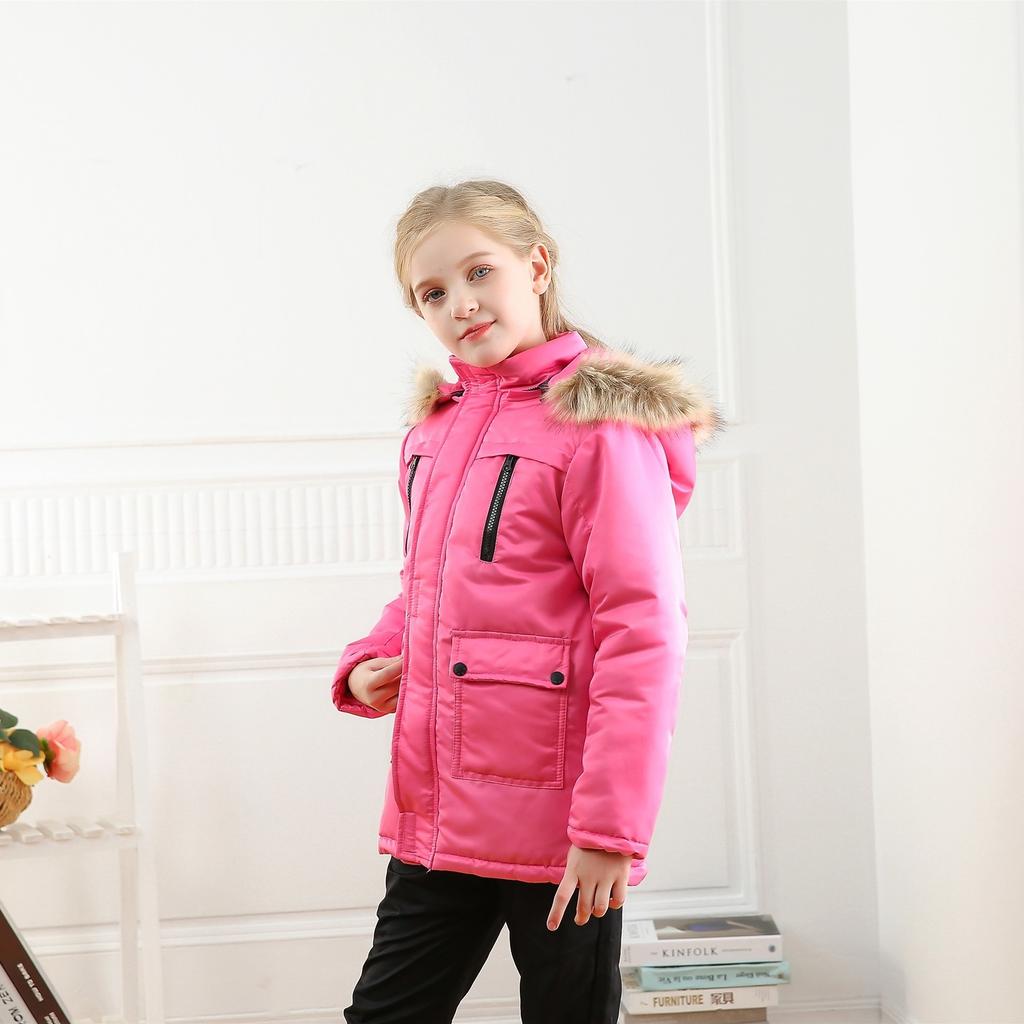 Middle and Big Children's Cotton Jacket Solid Color Thickened Warm Rushing Jacket Boys and Girls Hair Collar Removable Hooded Jacket