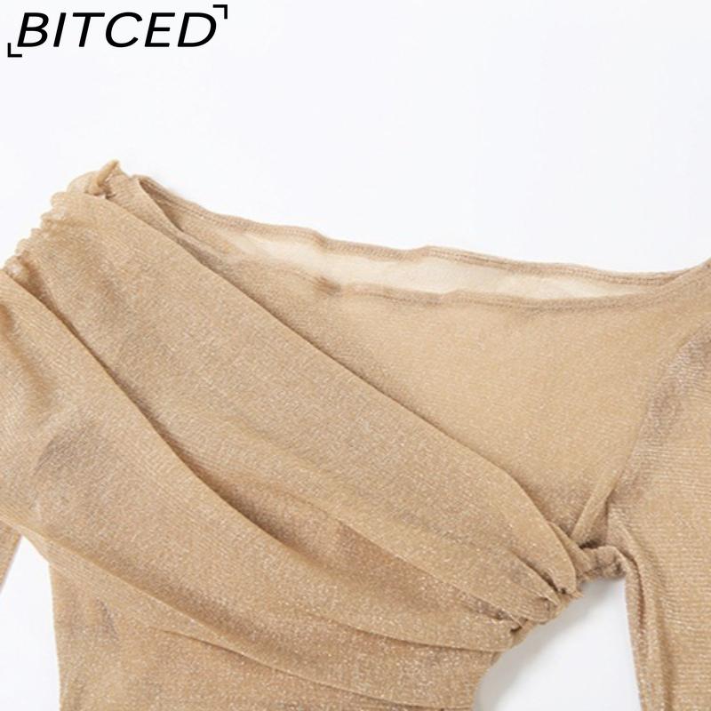 BITCED Fall Women's Solid-Color Slim-Fit High-Waisted Fashion O-Neck Long-Sleeve Mesh Dress