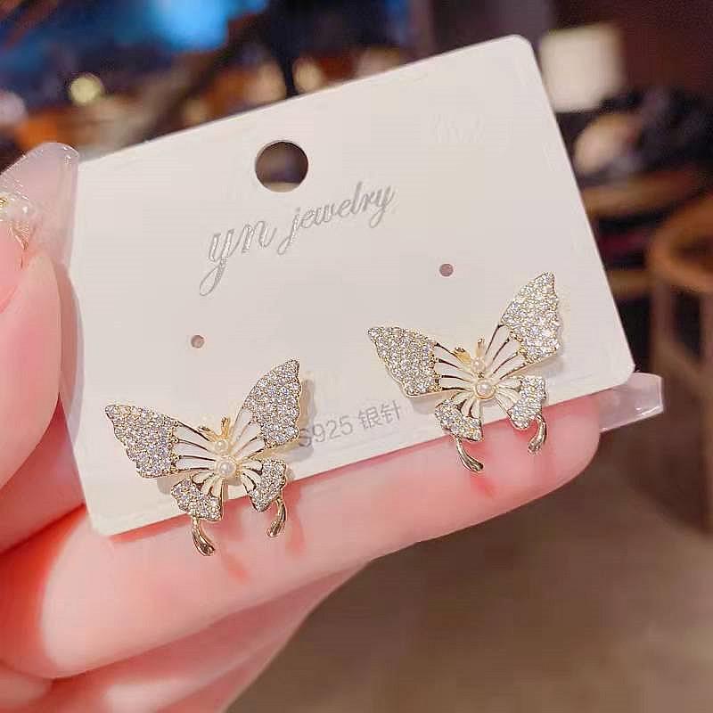 JWER Bling Earrings For Women Butterfly Zircon Ear Jewelry Vintage Wedding Earrings Student Ladies Silvery Wholesale Female