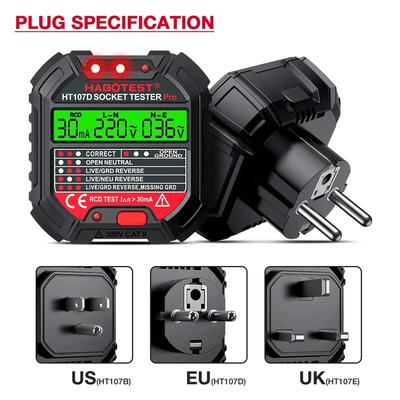 Habotest HT107 Socket Tester Pro Voltage Test RCD 30mA Socket Detector UK EU Plug Ground Zero Line Plug Polarity Phase Check