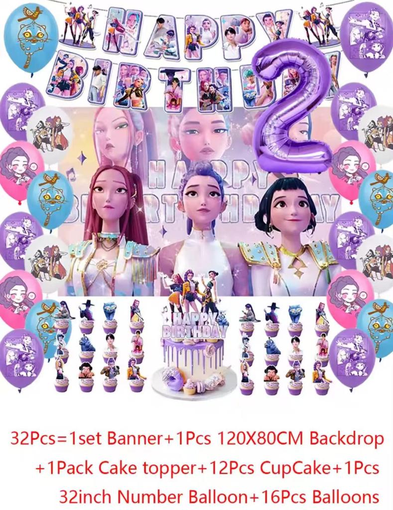 Sada příborů Demon Hunters Party Banner Pozadí Balónky Dortový Topper Venkovní Piknikové Potřeby Narozeniny pro Korejskou Kpop Anime Párty