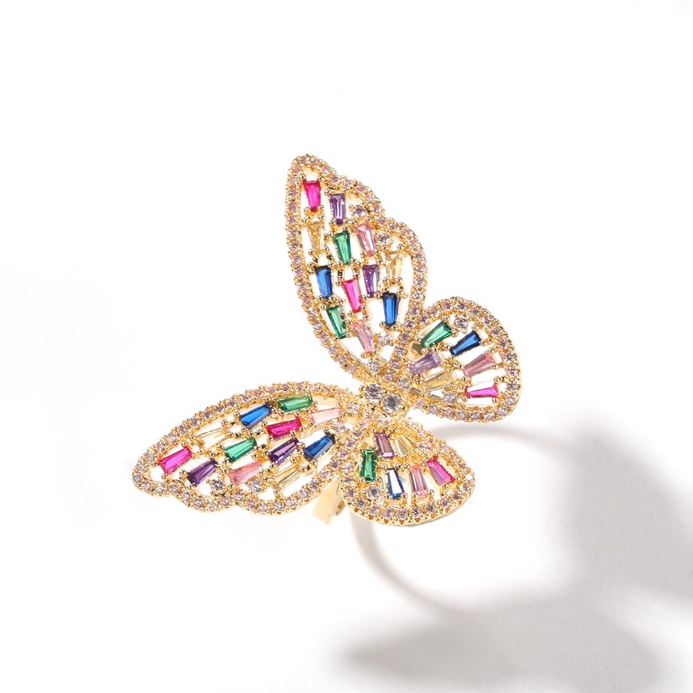 Hip Hop Pink Butterfly Ring Cubic Zirconia Gold Plating Baguette CZ Toe Finger Ring Women Rapper Bling Bling Jewelry