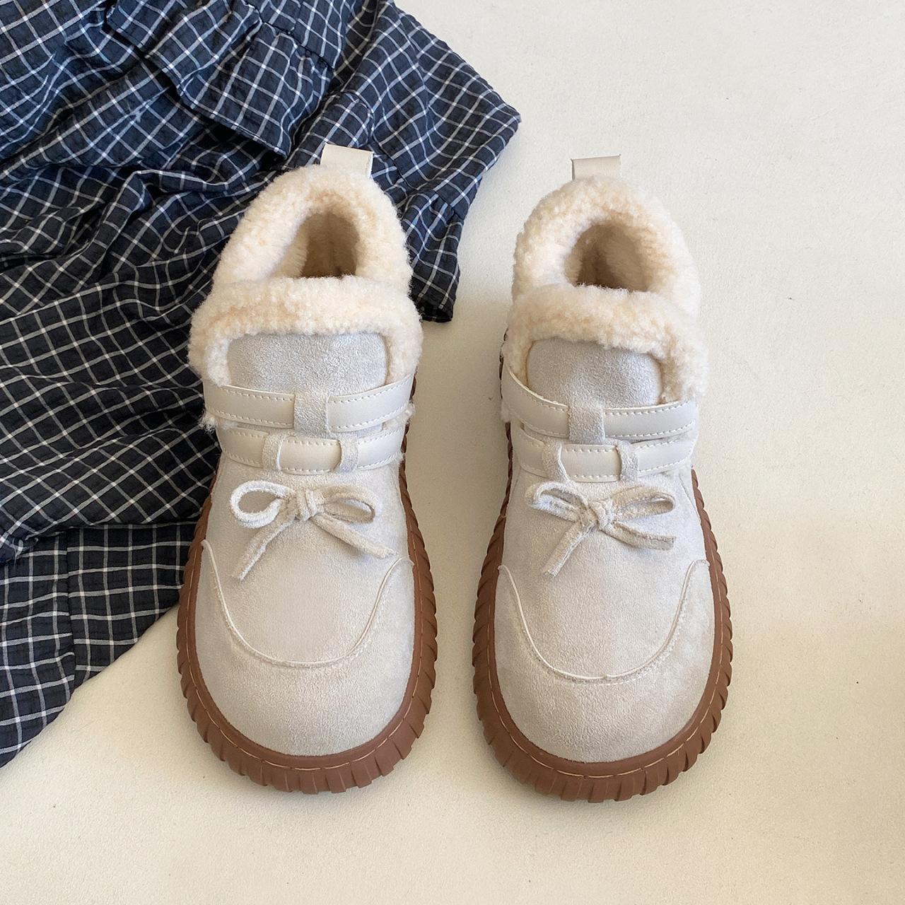 

[Fanfna] Cute round head bow snow boots women s 2025 autumn new retro velvet thickened cotton shoes 40 бежевий