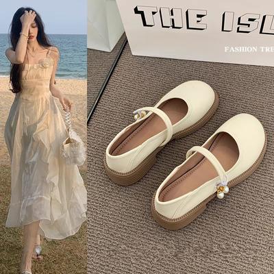 Round Head One Pedal Mary Jane Shoes Women'S Summer College Style Low Heel Shallow Mouth Small Leather Shoes Versatile Single Shoes