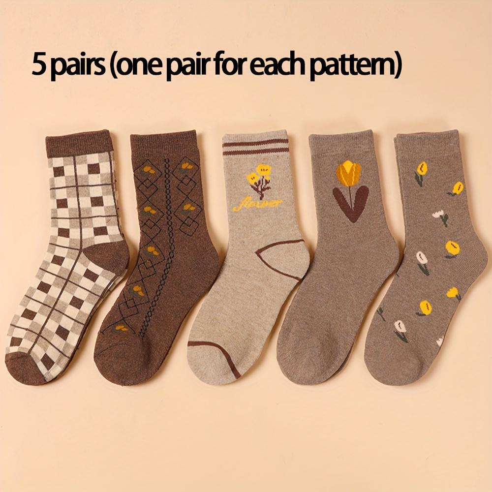 

Женские хлопковые носки в винтажном стиле, 5 пар — узор тюльпан и полоска, ручная стирка, высота до середины икры, трикотажное полотно One-size