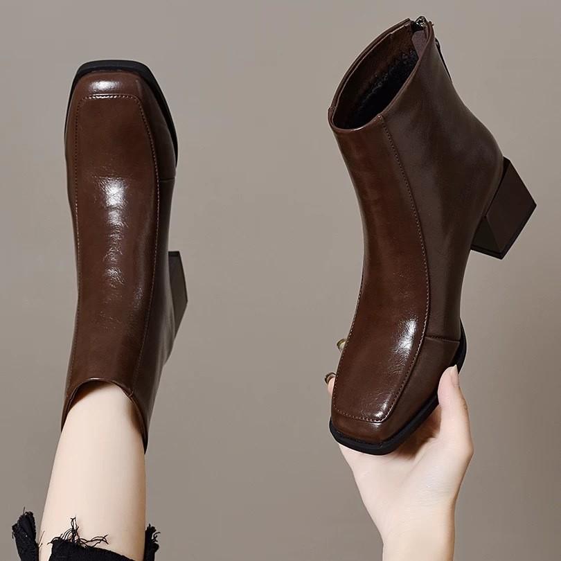 Soft leather boots for women 2025 new autumn and winter round head thin boots square heel soft leather boots British fashion boots for women