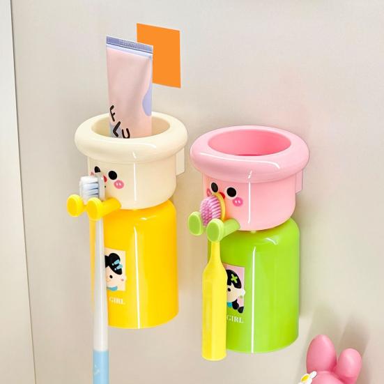 Cartoon Toothbrush Cup Holder Wall Mounted Storage Rack Space Saving Magnetic Upside Down Mouthwash Cups No-Drill Bathroom Organizer
