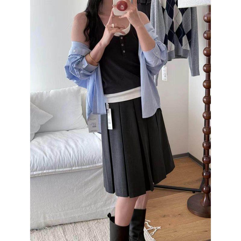 Gray Woolen Pleated Midi Skirt for Women, New Spring/Summer Style, Plus Size, Miu Series, Slimming Pear-Shaped A-Line Pleated Half Skirt Dark Gray Suit Fabric 2XL
