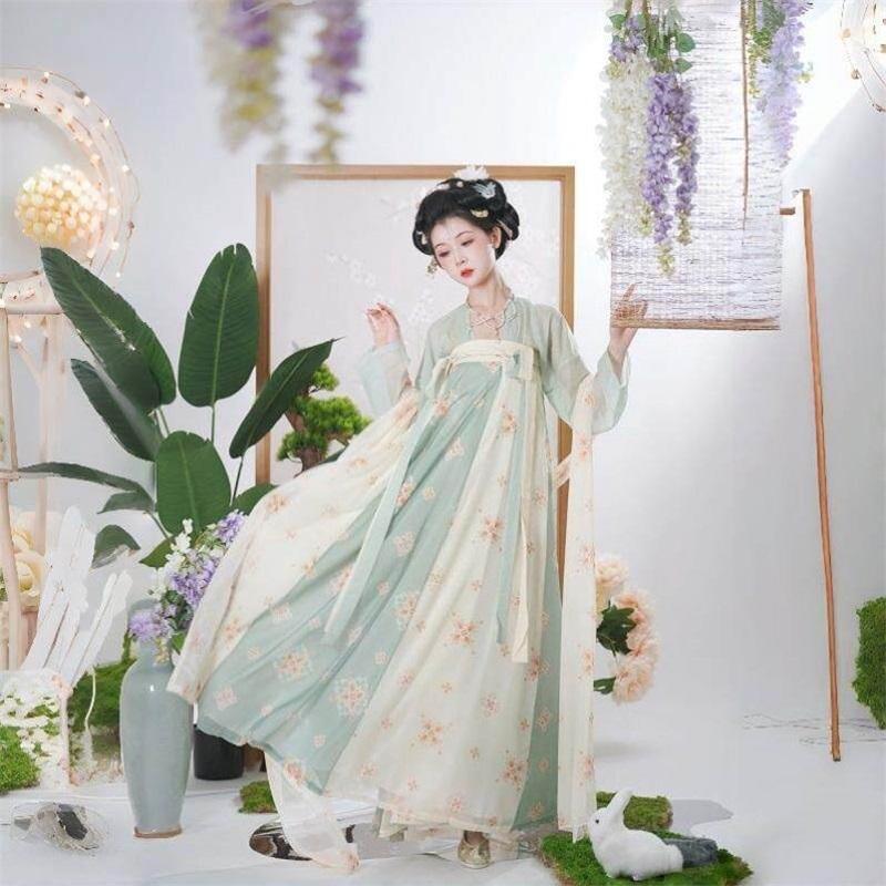 Women's Traditional Chinese Hanfu Set, Tang Dynasty Chest-high Ruqun Floral Printed Daily Wear Ancient Style Full Outfit