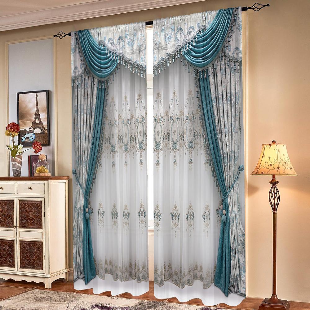 2 Pieces, Elegant and Noble Blue 3D Simulation Curtains - Semi Blackout - Suitable for Living Room, Bedroom, Kitchen, Home Decor