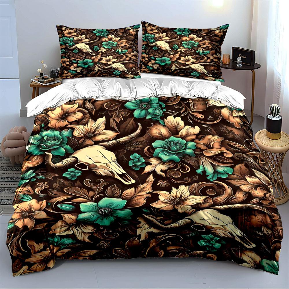Skull and Floral Pattern Design Bedding Duvet Cover Set  (1*Duvet Cover 2*Pillowcases, Without Duvet Insert)