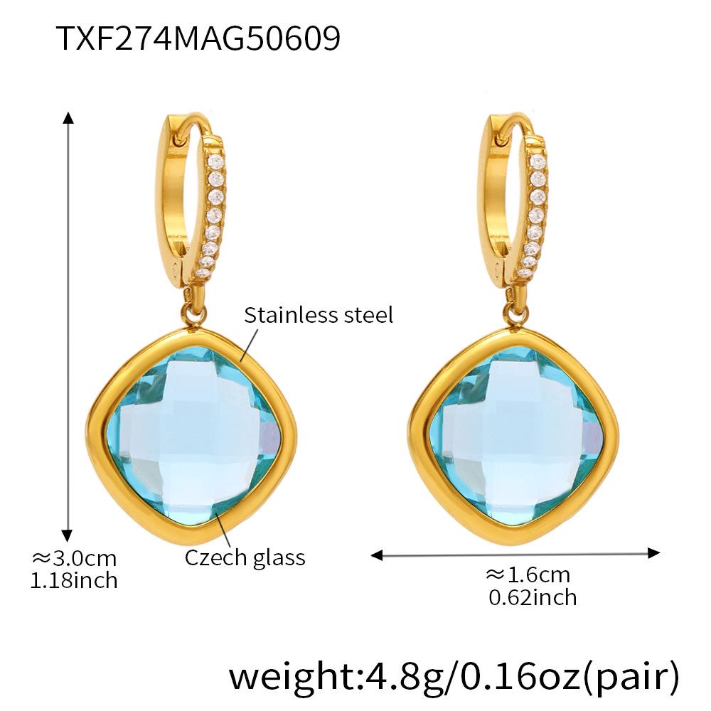 Qiong Yao Court Style Rhombus Czech Glass Stone Pendant Earrings - Exquisite Luxury Women s Colorfast Design.