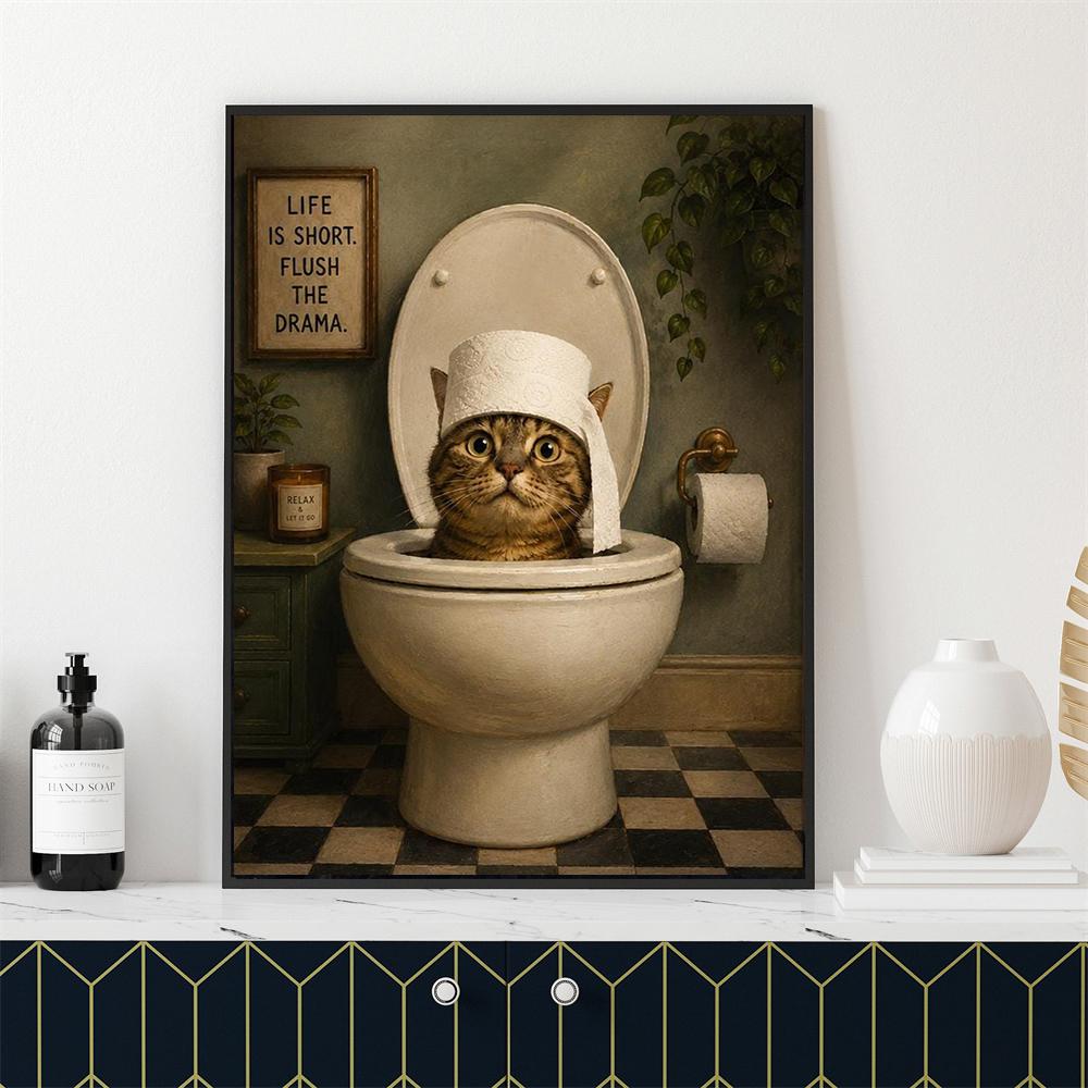Funny Cat Toilet Art Prints Vintage Bathroom Poster Decor Humorous Wall Print Canvas Painting Toilet Decor