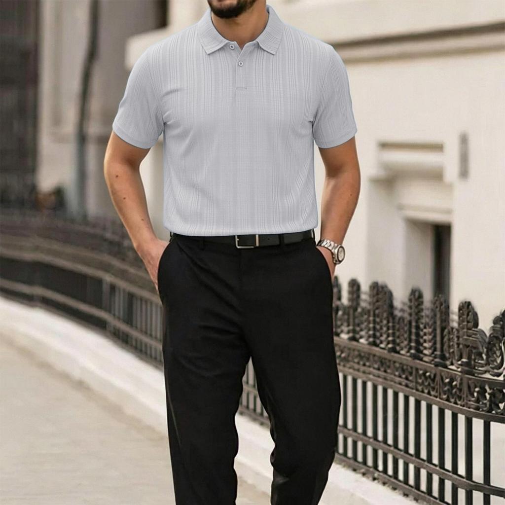 Men's Lightweight Short Sleeve Polo Shirt Breathable Fabric Loose Fit Casual Collared Shirt with Small Checkered Pattern Suitable for Large Sizes