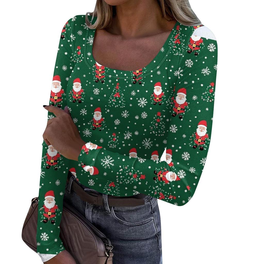 Women's Fashion Slim Bottom Casual Long Sleeve Christmas Printed Pullover U Neck Top