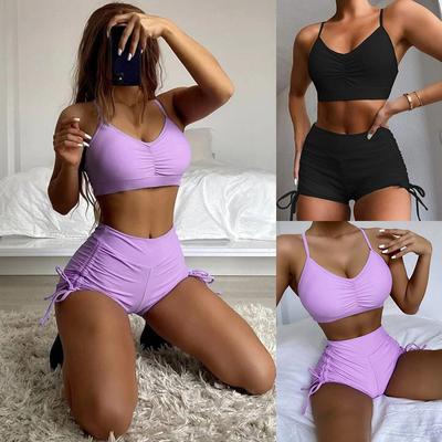 Geteilte Boxershorts mit hoher Taille und Kordelzug-Design, eng und dünn, Badeanzug für Damen