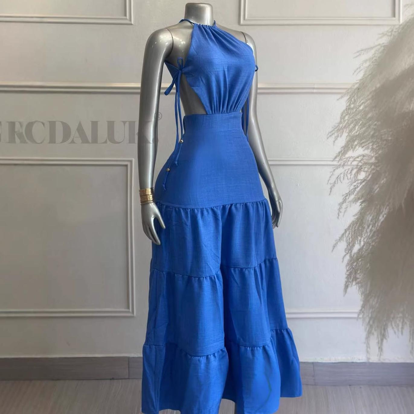 European and American new women s clothing casual vacation style neck strap long dress African solid color waist sexy hollow dress S синий