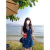 Retro V-neck Blue Floral Sleeveless Strap Dress Spring and Summer Sexy Hottie Shows Figure and Waist A-word Short Skirt