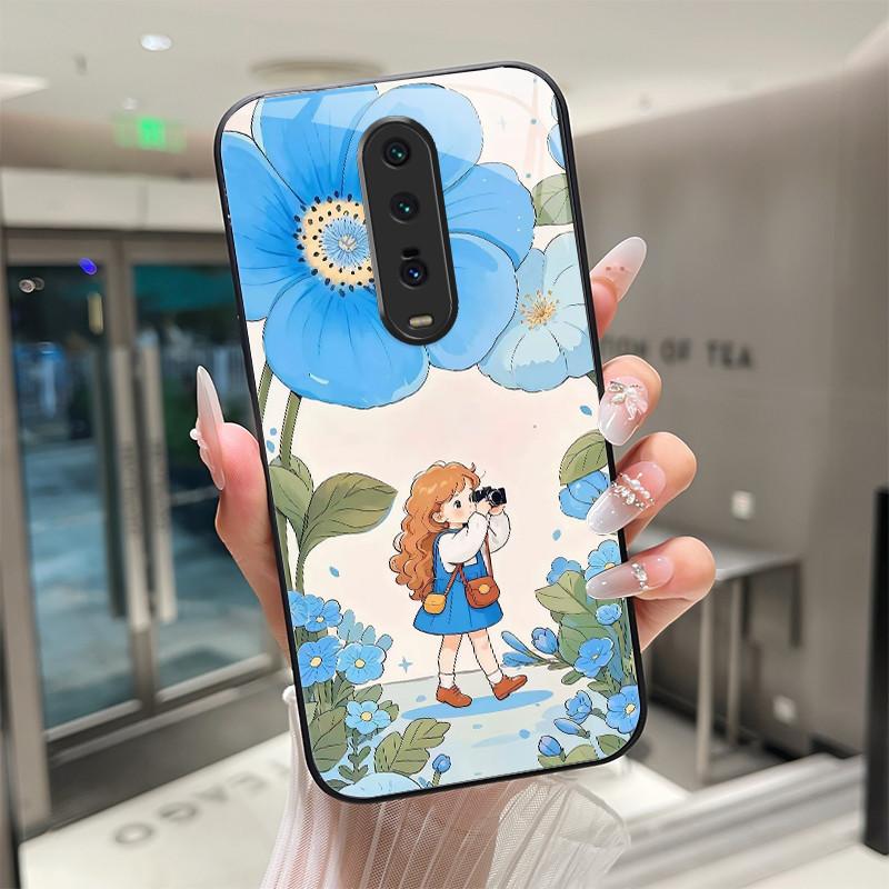 Cute Cartoon Cats Flower Case For Xiaomi Mi 9T Redmi K20 Pro Poco F2 Tempered Glass Phone Case Protective Back Cover Hard Shell