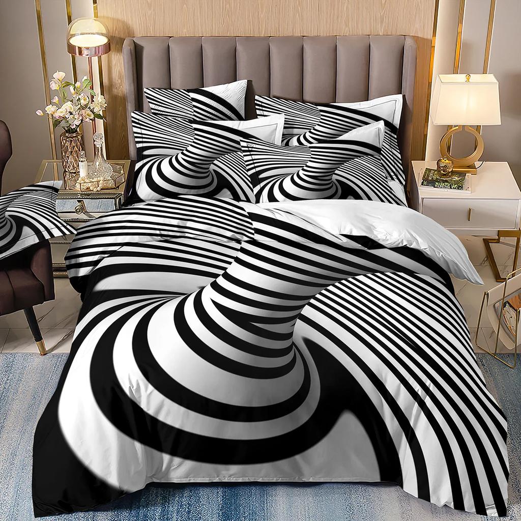 Durable Vibrant Double Polyester For Bed Abstract Style Print Honeycomb Pillowcover Black And White Quilt