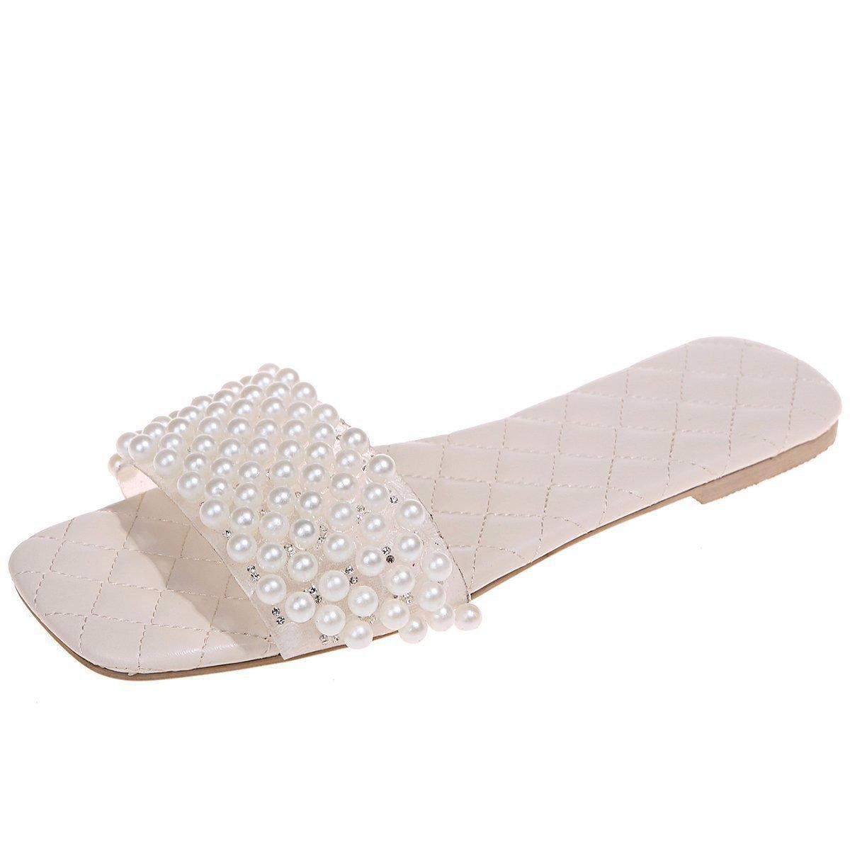 

Fashion Women s pearl biscuit flat sandals, matching casual shoes, solid color, new arrivals for spring and summer 2025 36