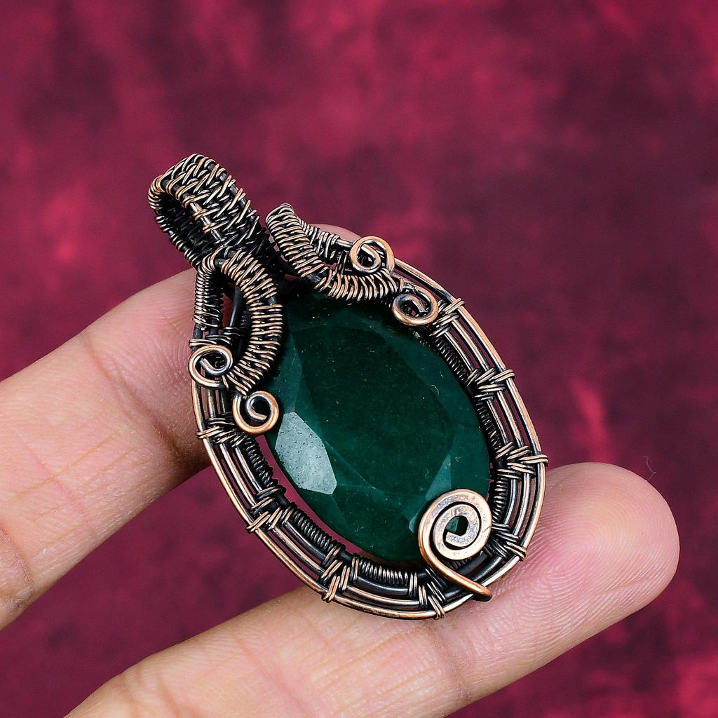 Faceted Zambian Emerald pendant Copper Wire Wrapped Pendant Real Gemstone Jewelry