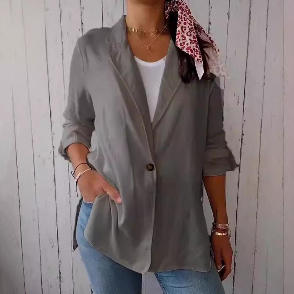 Women Suit Coat Lapel Long Sleeve Single Breasted Suit Jacket Side Slit Hem Single Color One Button Business Outwear