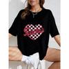 Oversized T-Shirt with Pink Checkered Heart & "Teacher" Print – Vintage Teacher-Themed Sweet-Style Top
