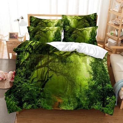 Juego de Cama Moderno con Estampado Digital de Paisaje de Bosque Verde Diseño de Moda 3D Funda Nórdica de Plumón Funda de Almohada 2-3 Piezas Textil para el Hogar