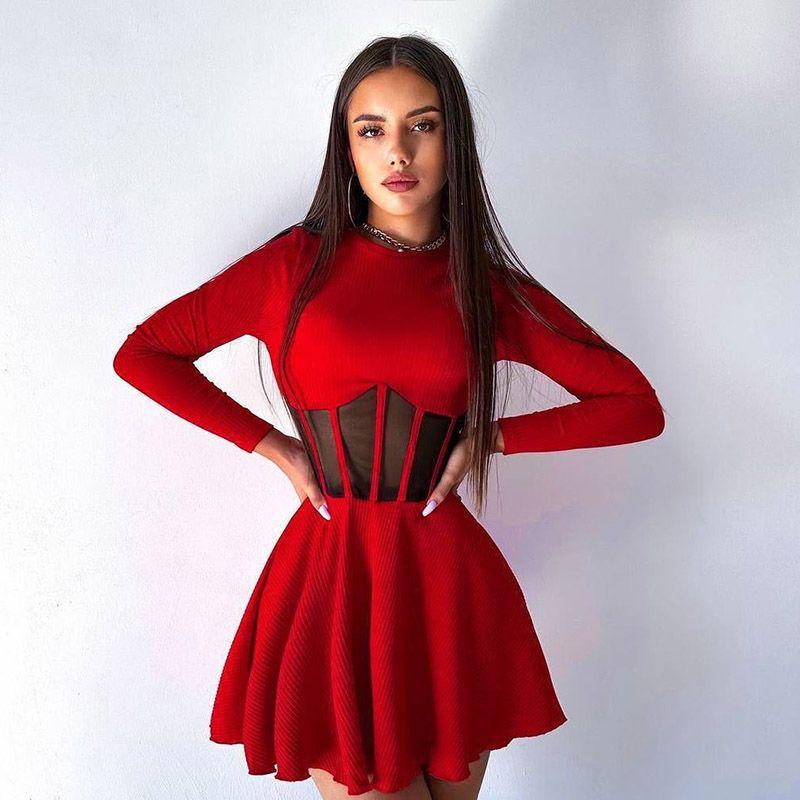 

Fashion Fashion Pure Desire See-through Mesh Patchwork Dress Pure Color Temperament High Waist Sexy Long Sleeves A- line Short Skirt Red L