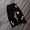 European Retro Trendy Men's Loose Straight-Leg Fleece-Lined Sweatpants with Cross Print