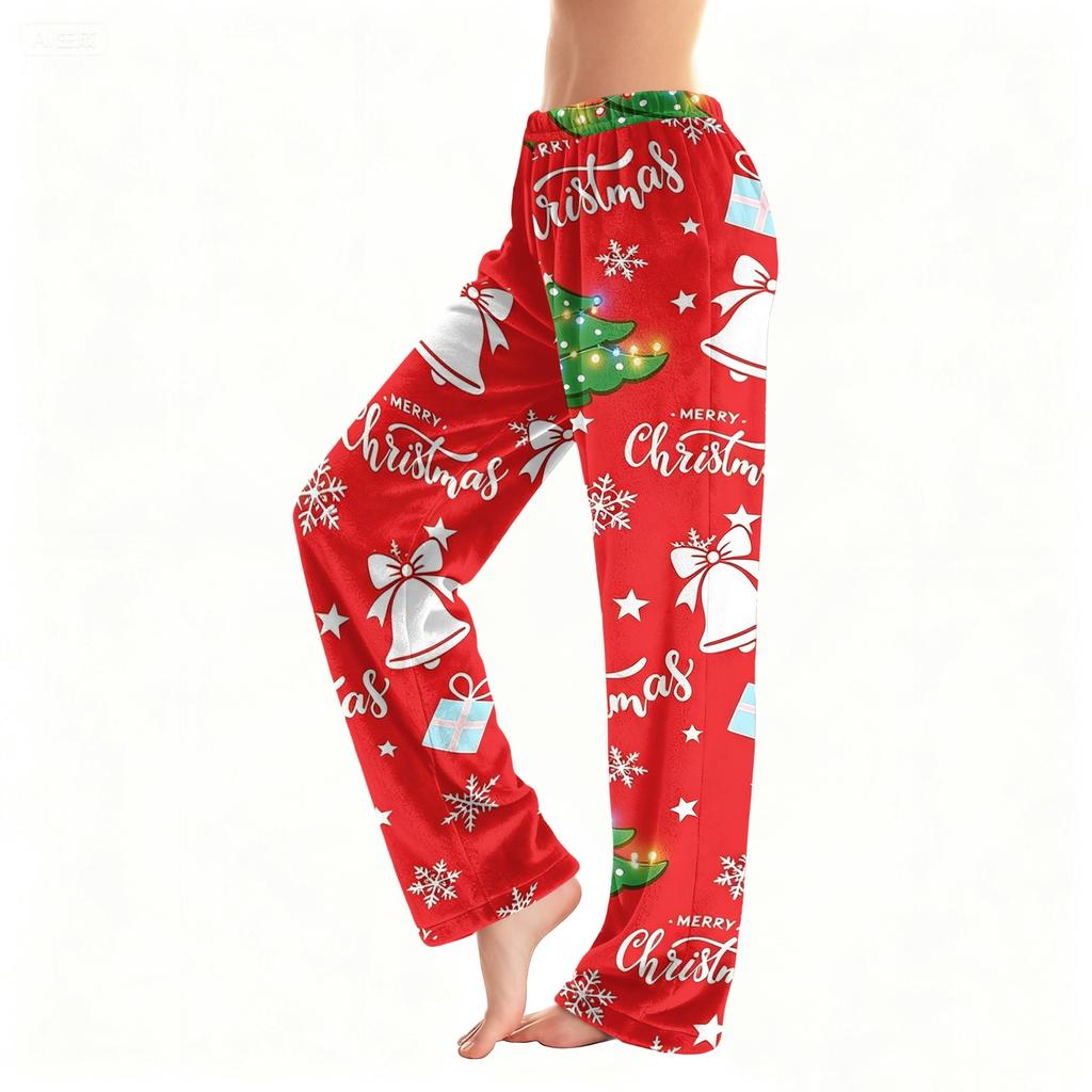 Women's Christmas Plush Pants with Snowflake and Christmas Tree Print, Cozy Sleep Pants for Home