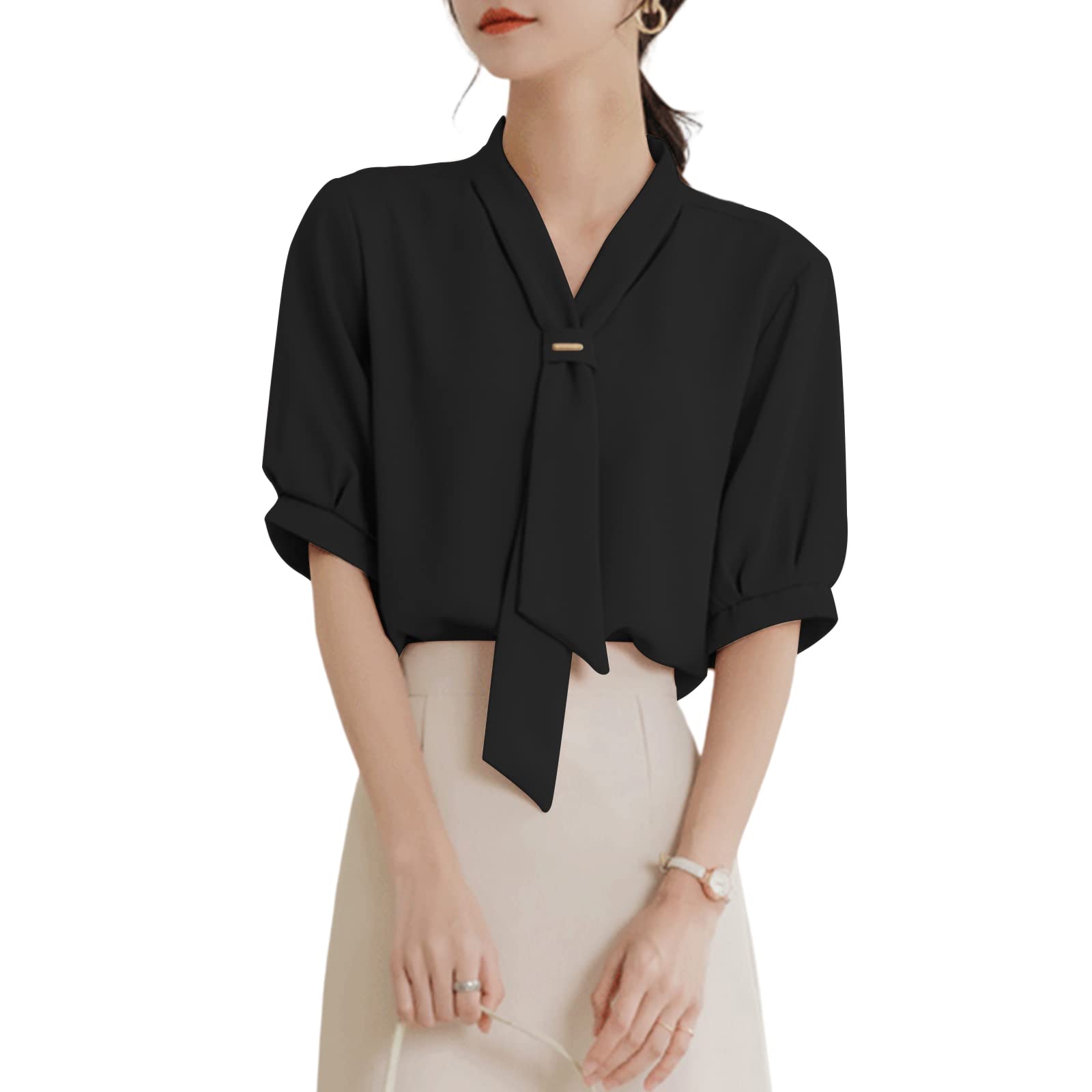 

Блузка с коротким рукавом для офиса, пышная, облегающая, стильная [Tiernyueth] Женская, Рубашка, Топ, Шифон, Рукав, V-образный вырез, Сшивная, Закрывающая, Облегающая, Модная, Весна, чёрный