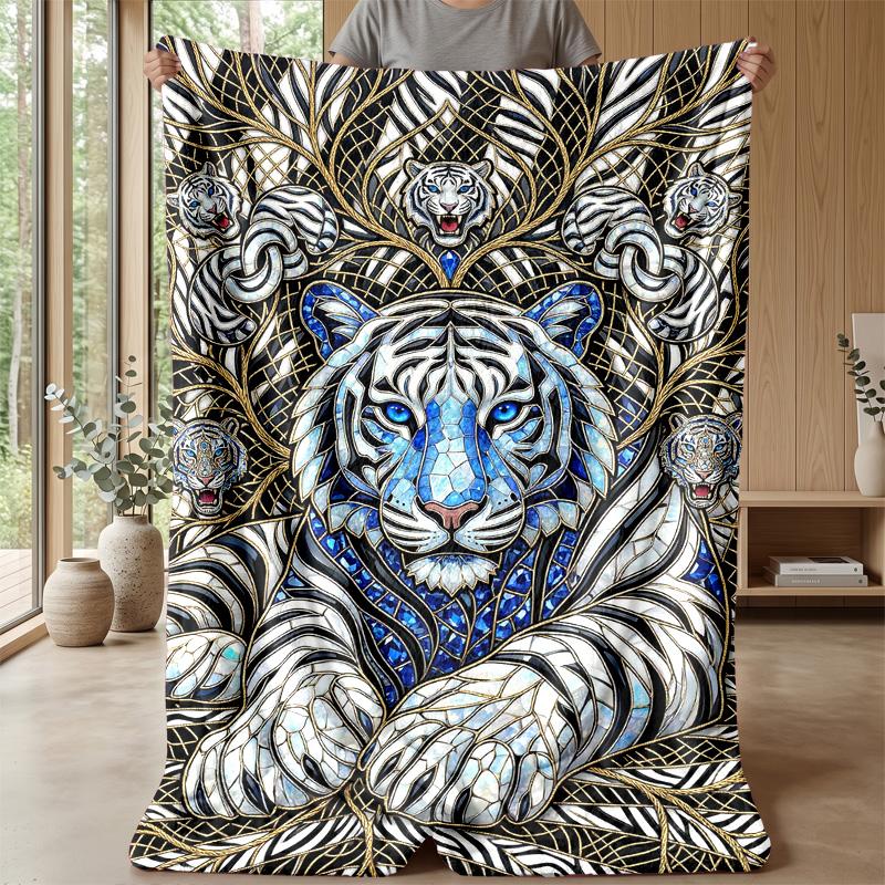 Blue Tiger Fantasy Blanket Personalized Name Flannel Blanket Soft Cozy Plush Throw for Sofa Bed Lightweight Home Decor