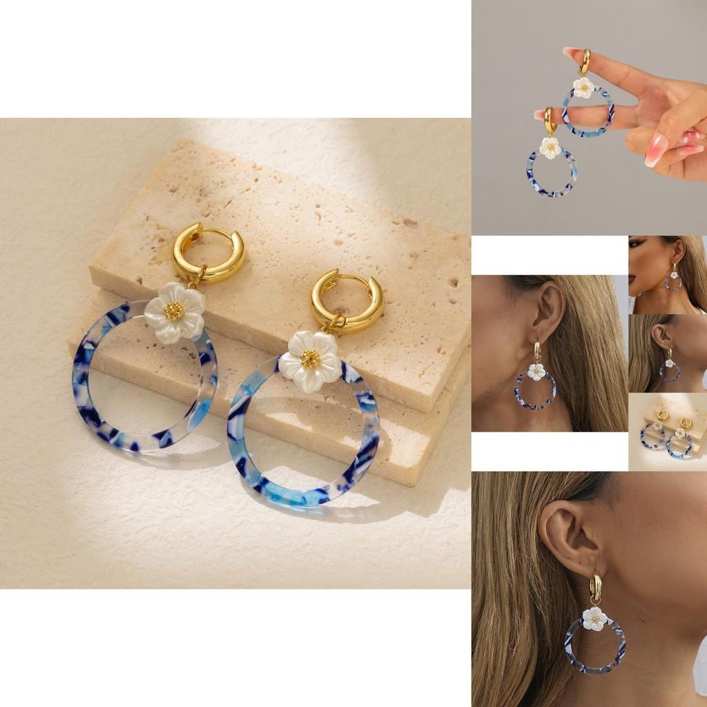 Elegant Alloy Geometric Flower Circle Earrings Fashion Versatile Street Style For Women