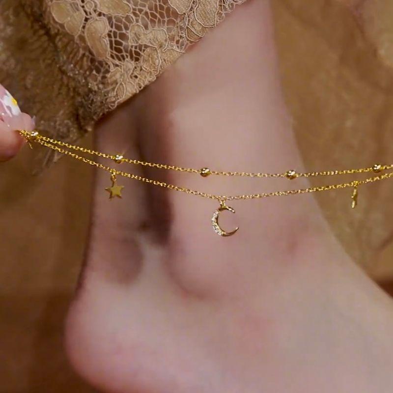 

Модный двухслойный браслет на ногу со звездой и луной, женский, летний, легко сочетаемый, цепочка на ногу со звездой и луной, титановая сталь, женское украшение, новинка, новый приход, тренд Star Moon anklet
