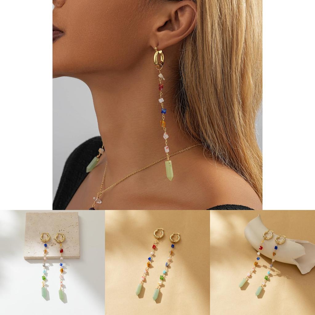 Unique Geometric Natural Stone Earrings With Colorful Chain Details Perfect For Street Style