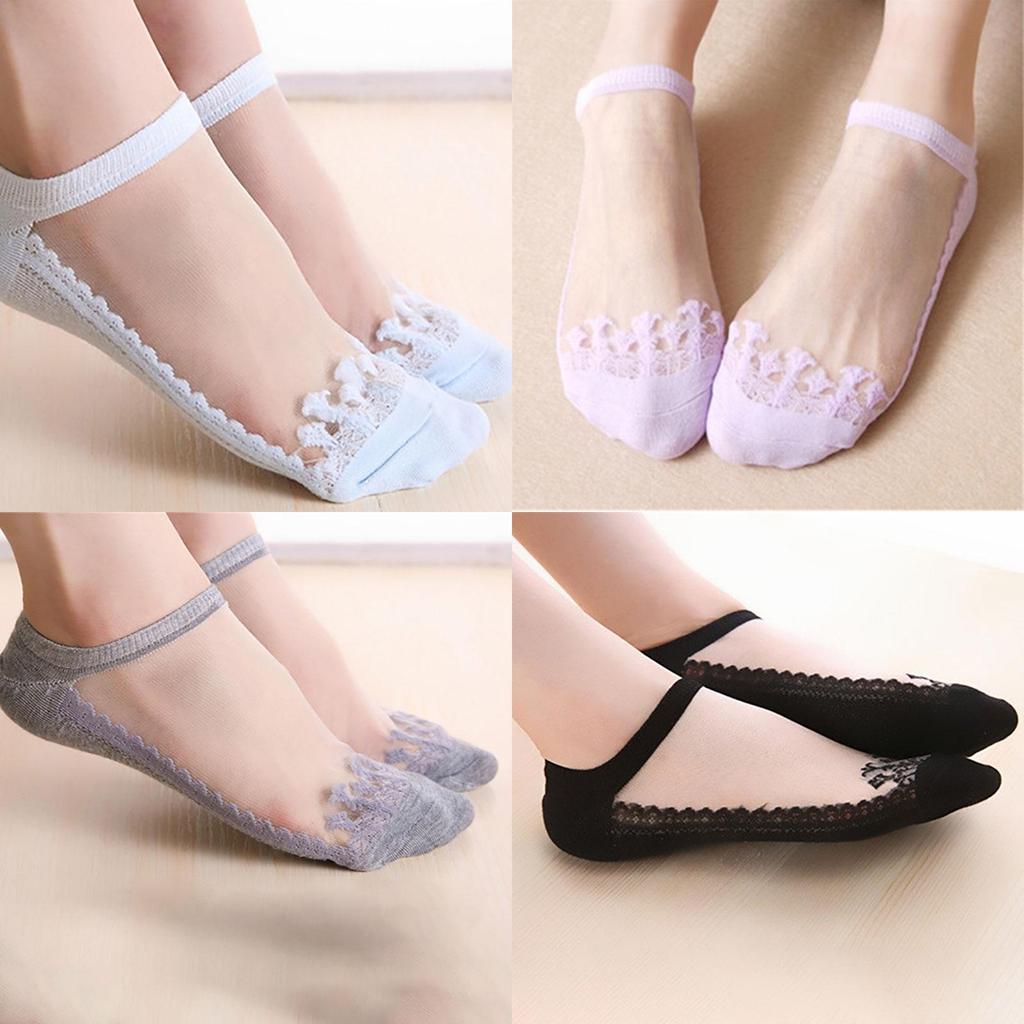 Classic Appeal Women Colors Sexy Ultra-thin Elastic Silky Short Silk Lace Invisible Socks In 7 Colors