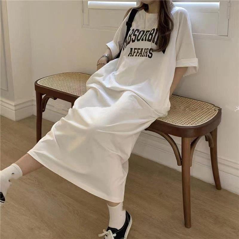 Women's Summer Short-Sleeve T-Shirt Dress: Loose-Fit, Round Neck, Letter Print, Mid-Length Dress