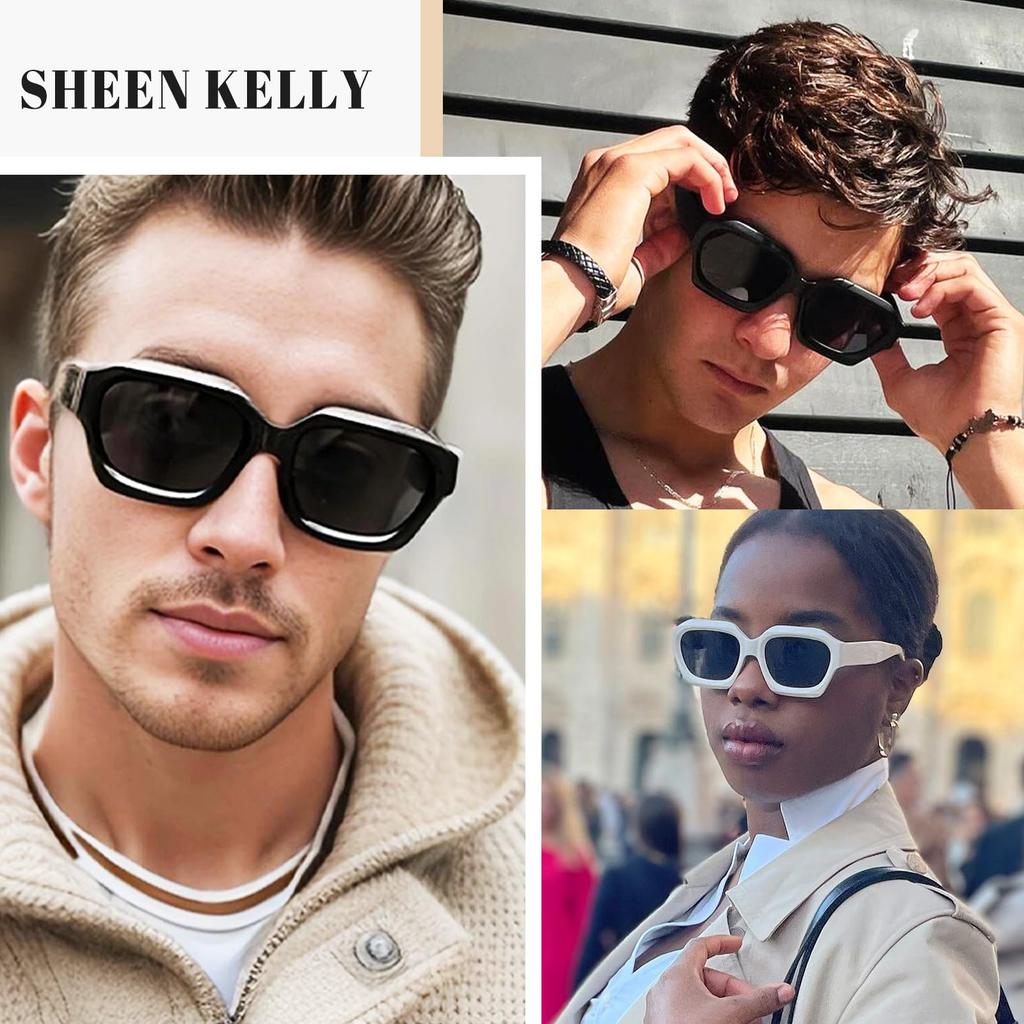 Retro Thick Hexagonal Sunglasses for Men and Extra 90s Dark Color Eyeglasses [SHEEN KELLY] Women, Fashionable, Large, Thick, Black,