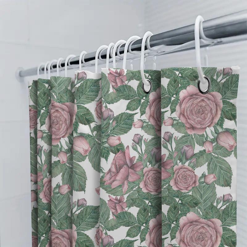 Elegant Green Leaves Rose Print Shower Curtain Waterproof Bathroom Decoration Home Decor Pink 72X84 Inch