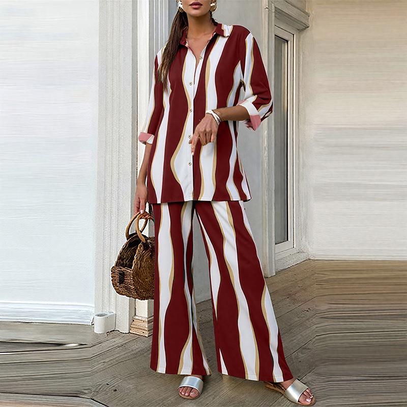 ZANZEA Women Long Sleeve Blouse and Pants Casual Print Two Piece Suit Sets