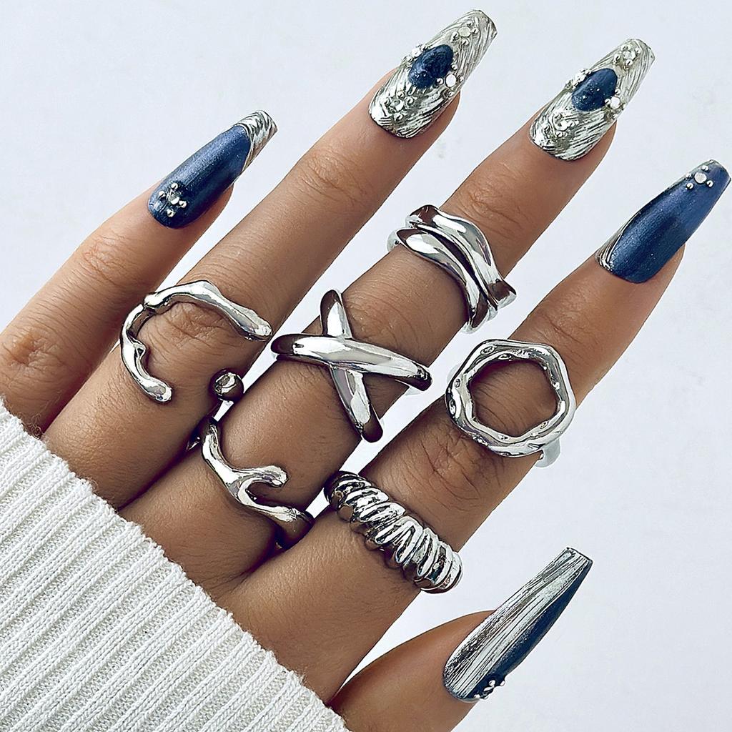6Pcs/Set Silver Color Geometric Irregular Open Rings Set for Women Personality Metal Hollow Circular Rings Trendy Jewelry Gifts