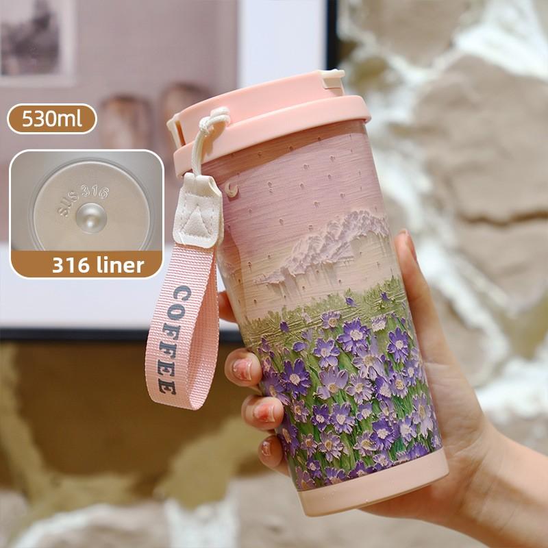 Flowers Garden Travel Coffee Tumblers Ceramic Inner Liner Tumbler Stainless Steel Cup with Lid & Straw Coffee Mug Holiday Gifts