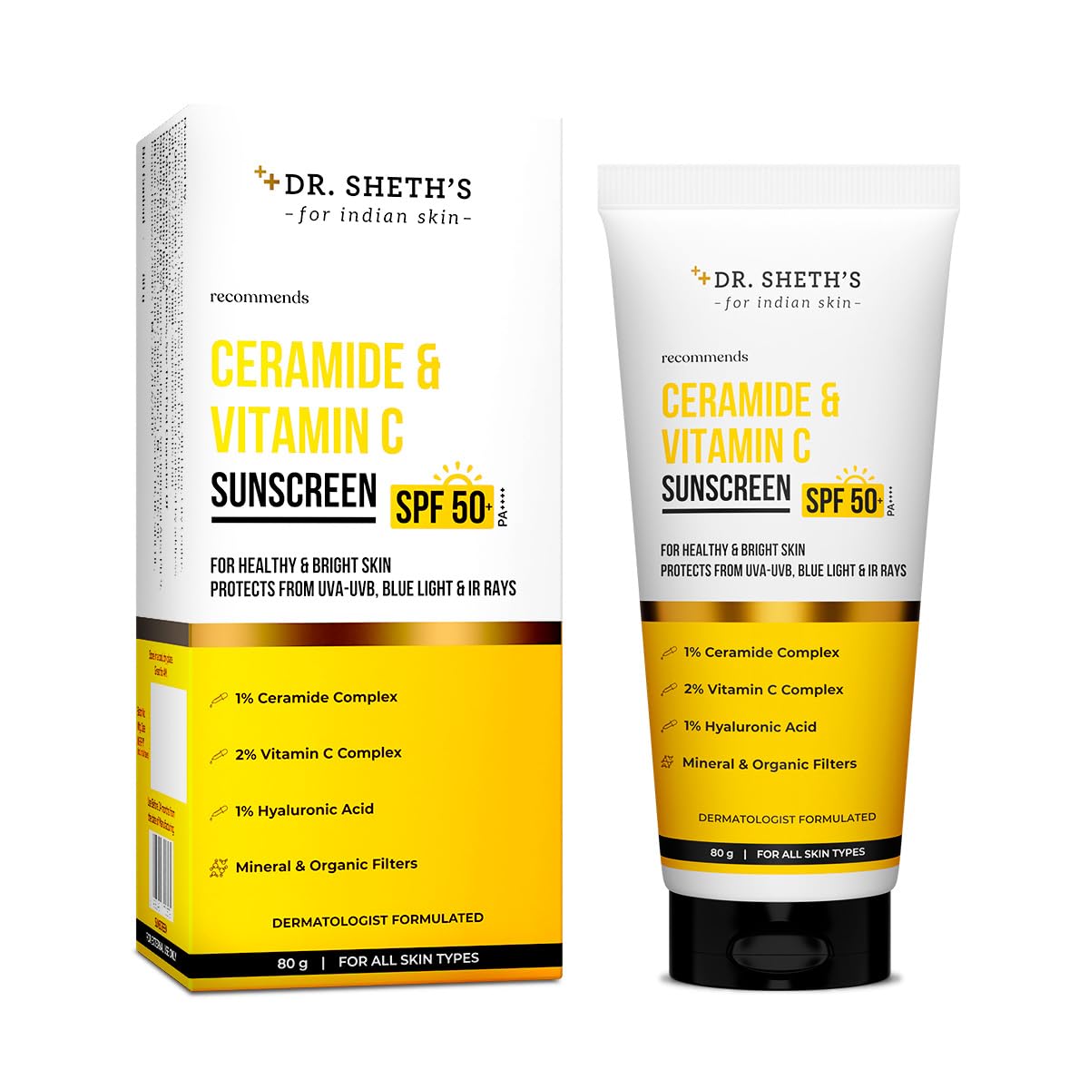 

Dr. Sheth s Ceramide & Vitamin C Sunscreen SPF 50+ PA++++ Lightweight Non Greasy No White Cast For All Skin Types 80 g