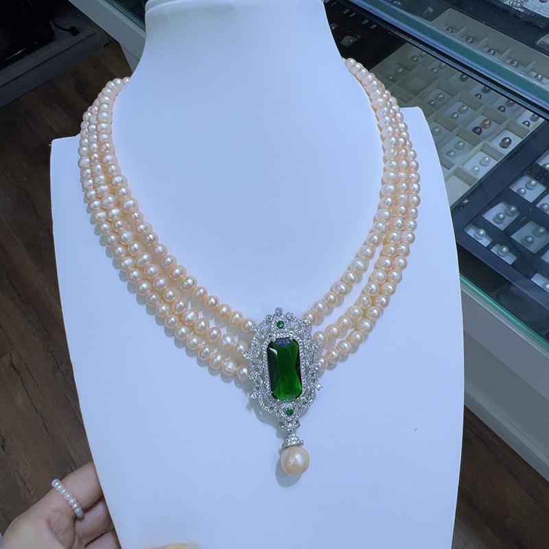 Palace Style Noble Three-Layer Natural Pearl Necklace розовый